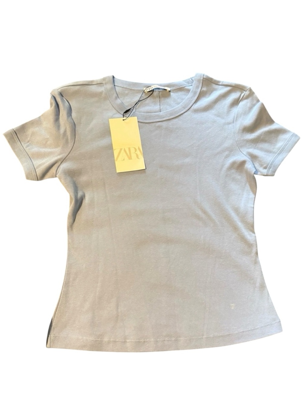 ZARA Women's Light Blue Crew Neck Stretch Tee Size Small 🆕